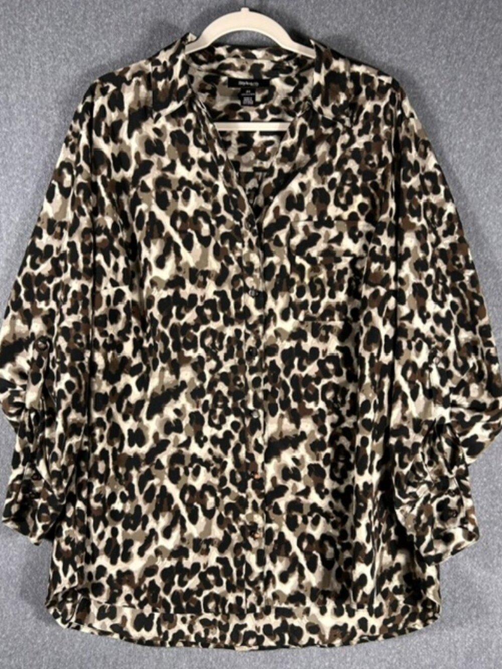 Style & Co Button Down Shirt Womens Sz 2X Leopard Print Roll Tab Sleeves Edgy